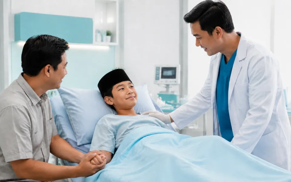 Anak mengenakan peci didampingi orang tua dan dokter saat layanan khitan